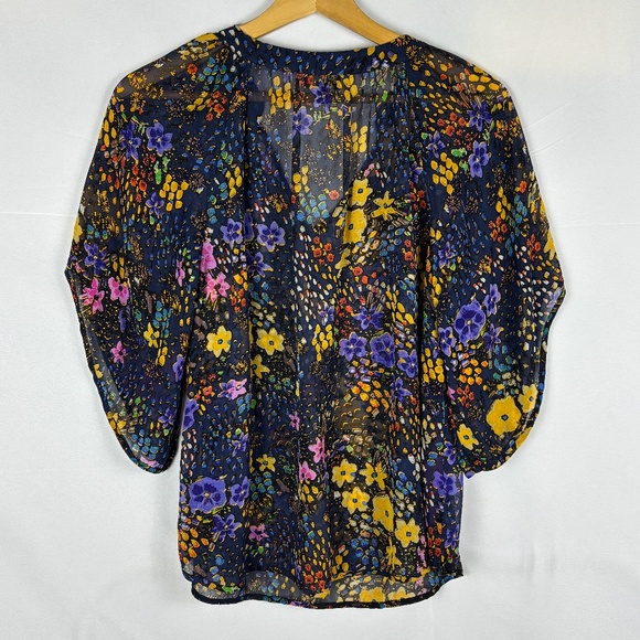 Anthropologie Fei Women Short Sleeve Sheer Silk Blouse Sz 4 Boho Floral Flutter - Picture 2 of 9
